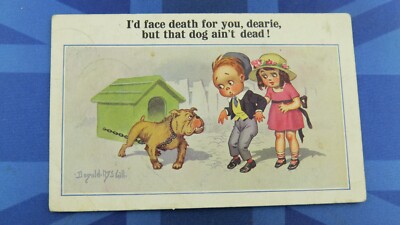 Vintage Donald McGill Comic Postkarte 1922 Bulldogge I'D FACE DEATH FOR YOU 3985