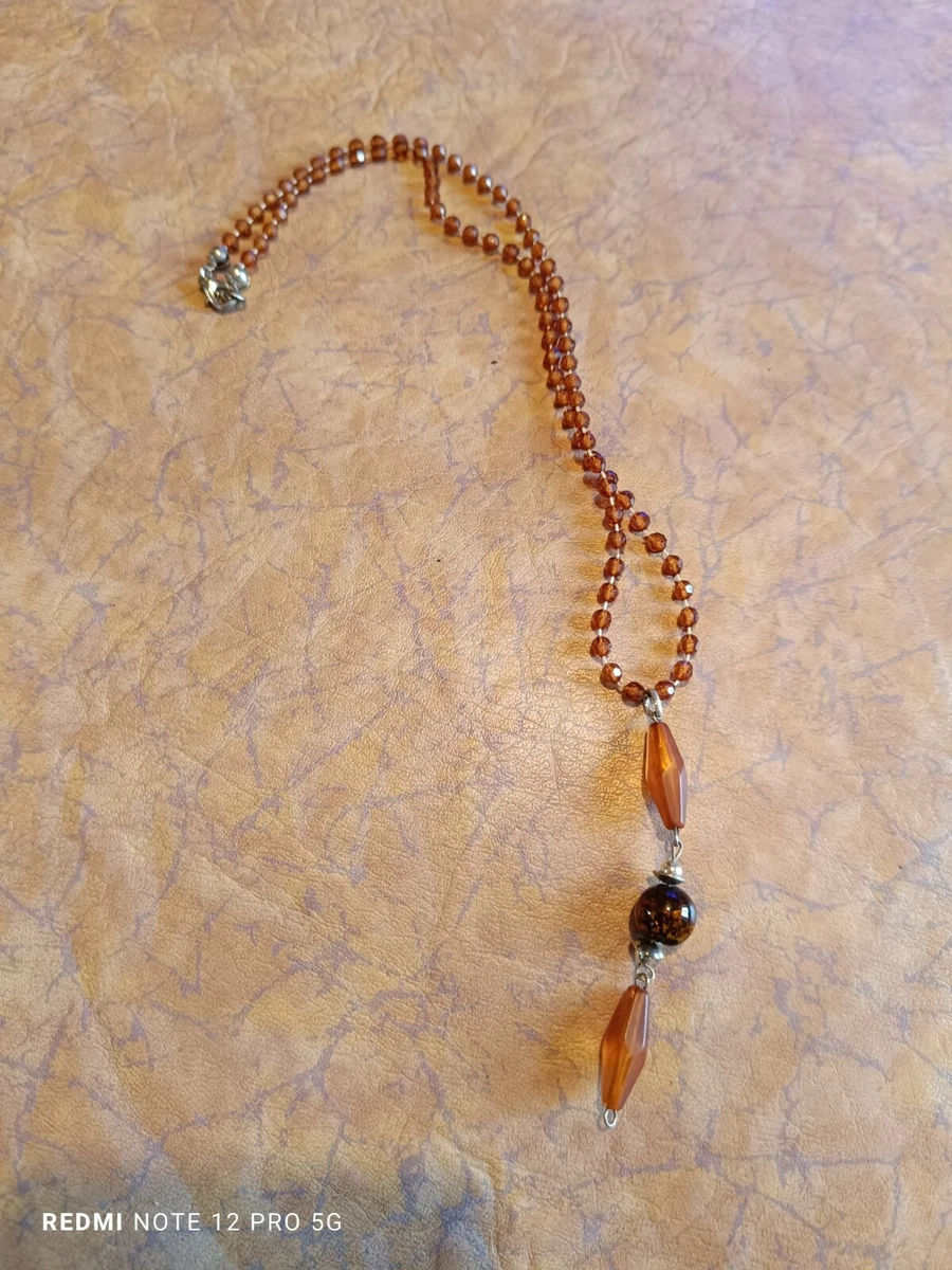Pendentif Croix Ancien En Verroterie - Ambre, Strass Bleu-vert - Métal Sertis, Style XXème Siècle