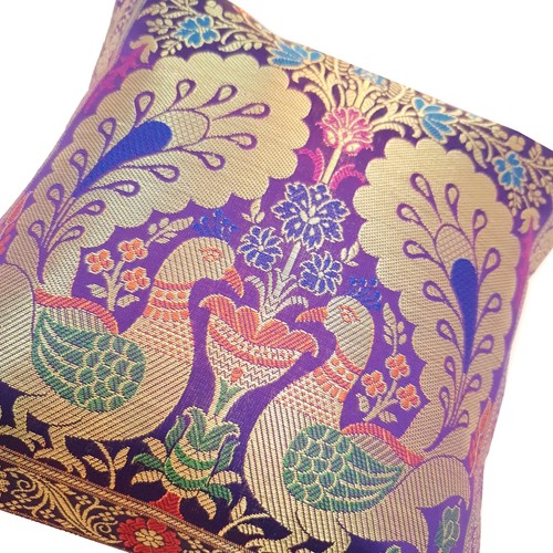 12x12 Inch Purple Cushion Cover Banarasi Decor Woven Peacock Zari Brocade Silk - Picture 6 of 8