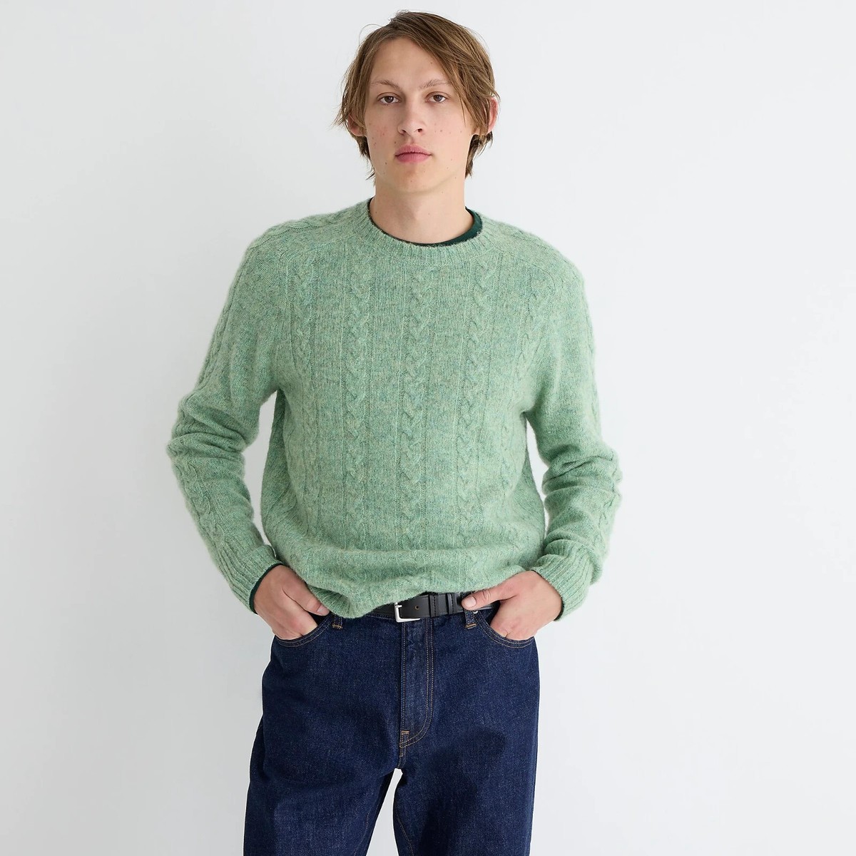 J. CREW Mens Brushed Wool Cable-Knit Sweater Heather Mint  display picture 1
