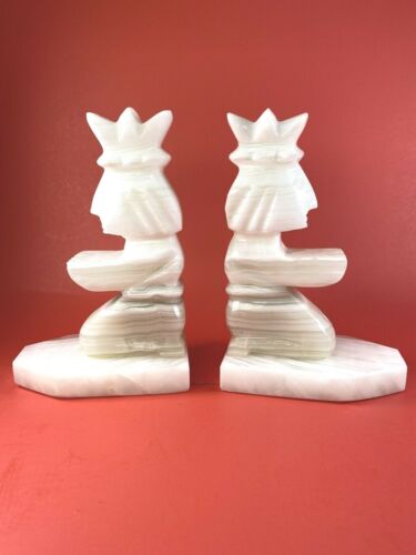 Unique Onyx Stone Kneeling Crowned Aztec Mayan Tiki Gods White Marble Bookends - Picture 1 of 8