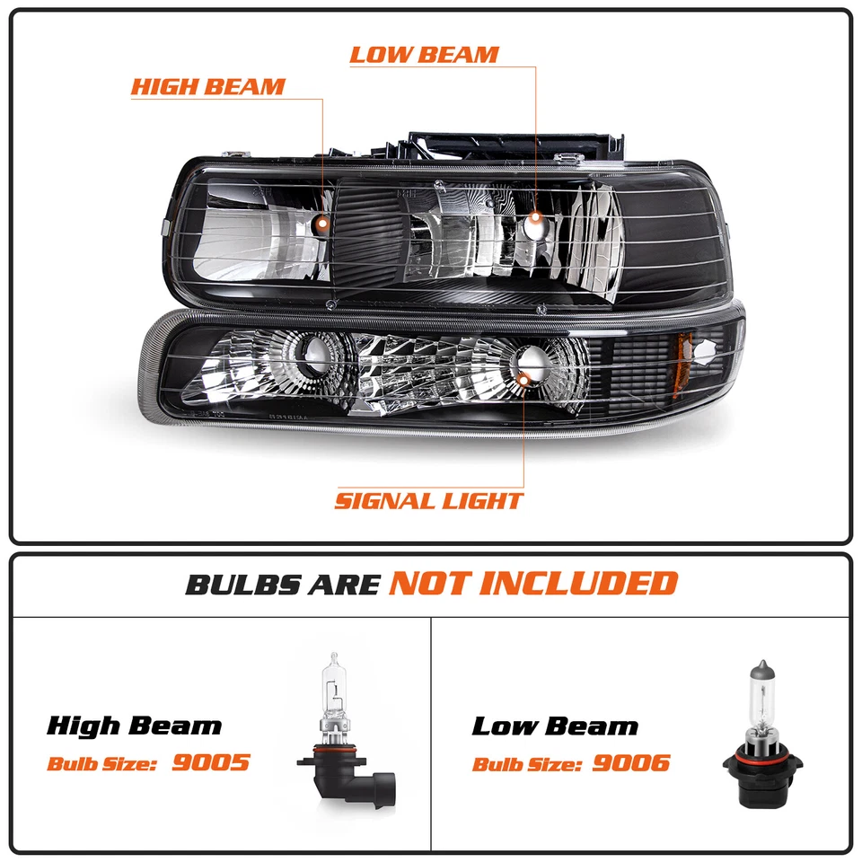 For 1999-2002 Chevy Silverado/00-06 Tahoe Suburban Black Headlights&Bumper Lamps - Image 2 of 4