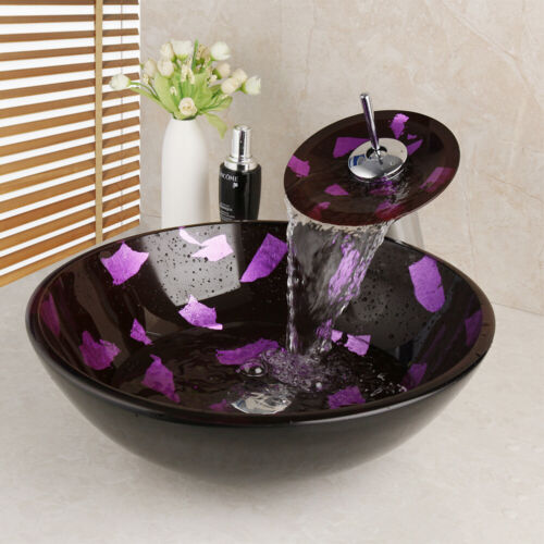 Purple Round Tempered Glass Art Basin Bowl Vessel Sink Mixer Waterfall Faucet - Picture 1 of 8