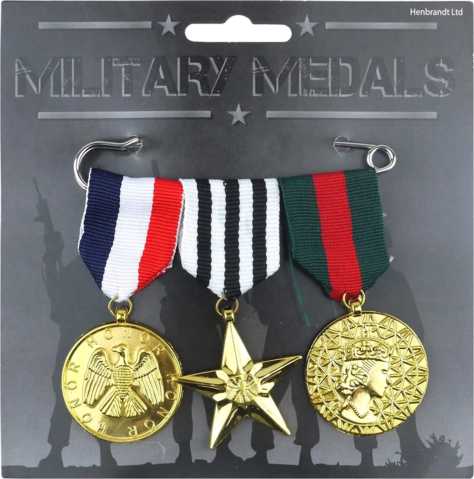 Set of 3 Military Medals Army World War Fancy Dress Costume Prop Accessories