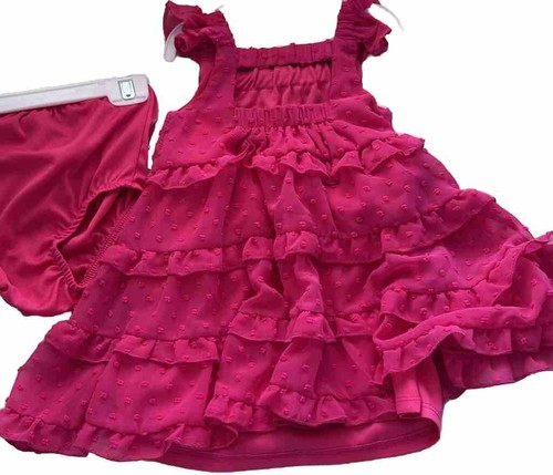 Rare Editions Baby Girl Ruffle Fly Sleeve Polka Dot Chiffon Dress 2p set fushia - Picture 7 of 8