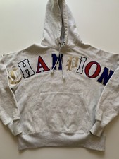 Champion Reverse Weave Hoodie Mens Medium Gray Sweatshirt Varsity Spell Out Logo
