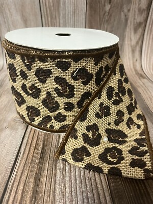 Leopard Print Wired Jute Burlap Textured Ribbon 4 in  x 10 yds 