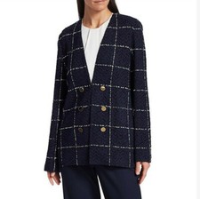 ST. JOHN Womens Blue Grid Faux Double Breasted Open Front Blazer Jacket Size 6
