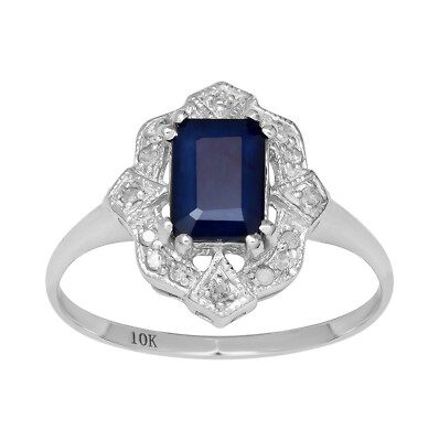 10k Solid White Gold Vintage Style Genuine Emerald-Cut Sapphire and Diamond Ring