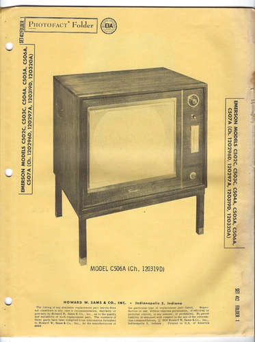 1958 EMERSON C502C C503C TV TELEVISORE MANUALE DI SERVIZIO Photofact C505A C506A C504 - Foto 1 di 2