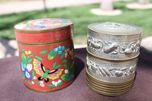 Pair of Antique Chinese Boxes; Cloisonne and Brass Metal Trinket Boxes
