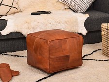 Puf boho otomano hecho a mano marroquí de cuero genuino reposapiés puf bronceado oscuro