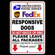 Responsive Dogs Do Not Knock Or Ring Leave All Packages Sign METAL usps SI018