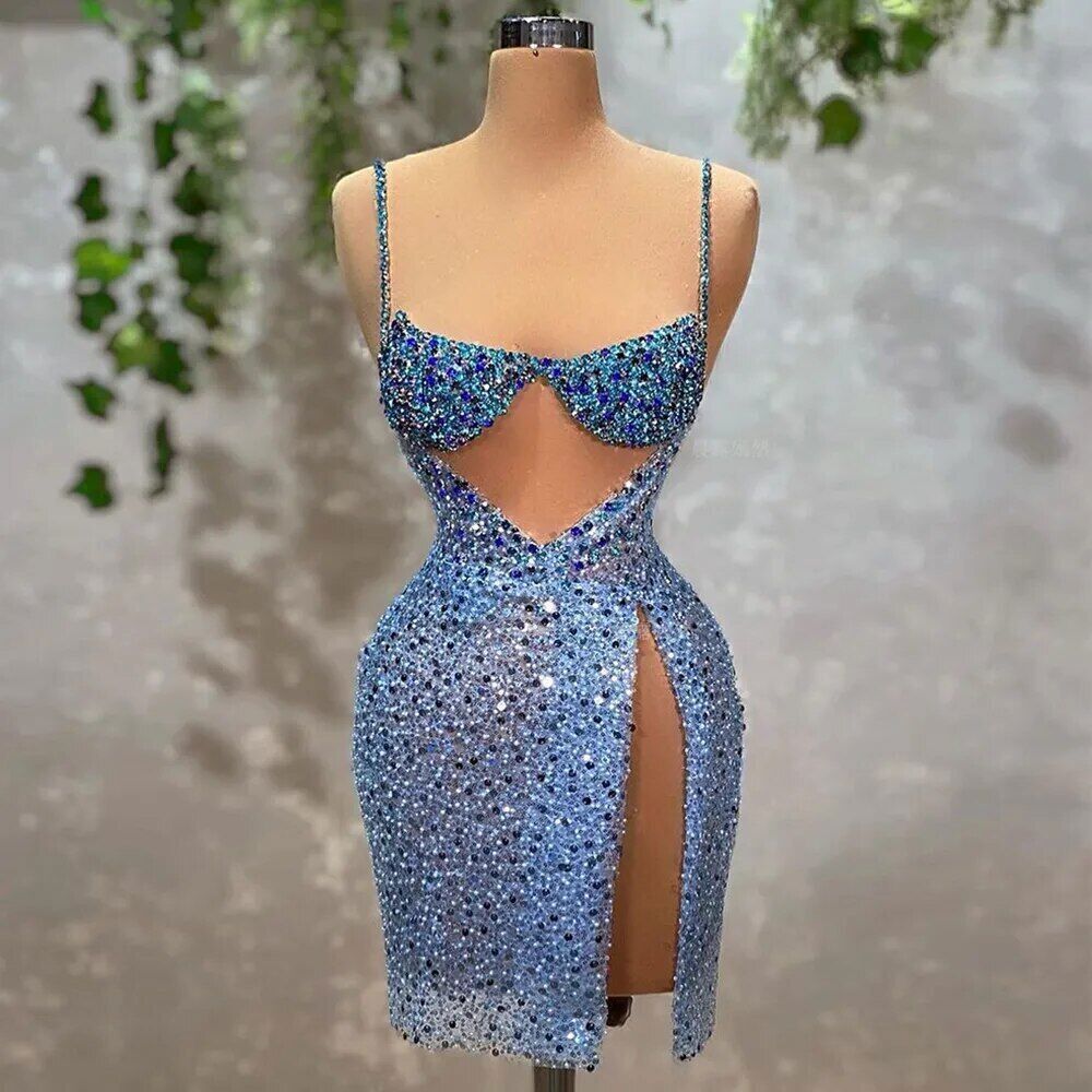 green emerald velvet dress Black Sequins Side Slit A line Spaghetti Straps Party Prom Dress
