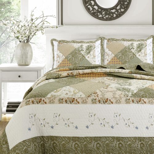 Laura Green RealPatchwork Reversible 100%Cotton Quilt Set Bedspread Coverlet