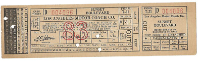 1930er Los Angeles Motor Coach Lines Ticket ~ Sunset Boulevard ~ Nr. 2 von 2