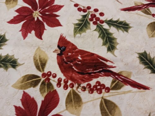 2 Cuts Pretty Red Cardinal Bird Cotton Fabric w Poinsettias Berries Snow Pine Tr - Picture 12 of 20