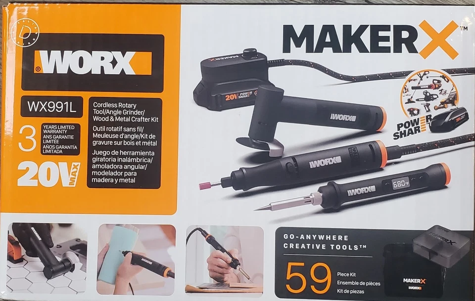WORX WX991L 20V (3) PC MAKERX Combo: Rotary + Angle Grinder + Wood/Metal Tool-OB - Image 2 of 4