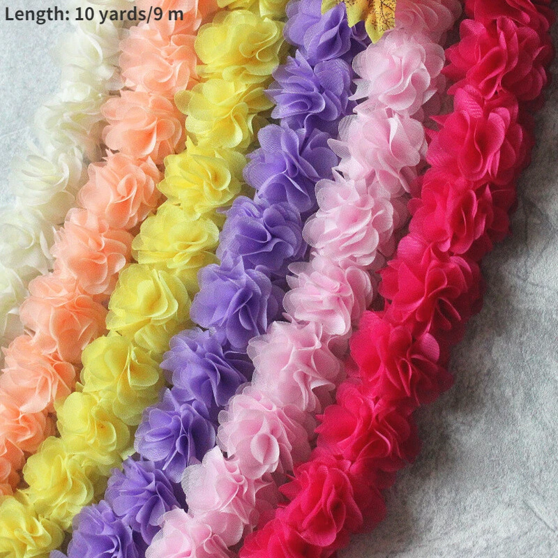 10 jardas faça você mesmo 3D flor chiffon cluster babados acabamento vestido aplique fita artesanato - Imagem 3 de 4