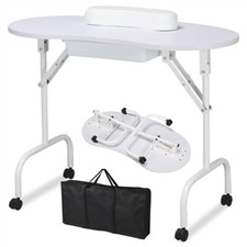 White Portable Manicure Table Folding Nail Desk Beauty Salon Spa w/Wheels  Bag