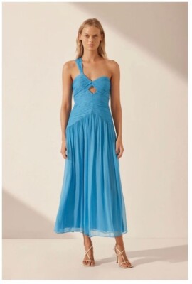 shona joy margot ruched midi dress Shona Joy Maiori Off-The-Shoulder Ruched Maxi Dress