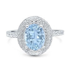 Oval Natural Aquamarine Double Halo CZ Engagement Ring 925 Sterling Silver