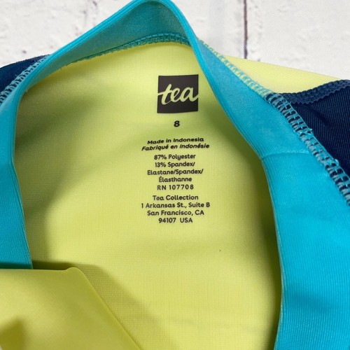 Tea Collection Size 8 Short Sleeve Rash Guard Yellow Blue Raglan Unisex - Picture 5 of 6