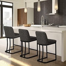 24" Bar Stool Counter Height Bar Chair Set of 3 PU Leather Dining Chair Gray