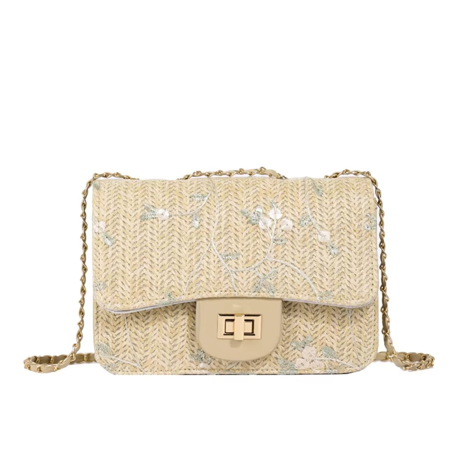 Bolso Bandolera Para Mujer Tejido de Paja Floral Bordado Cadena Correa Cartera de Hombro