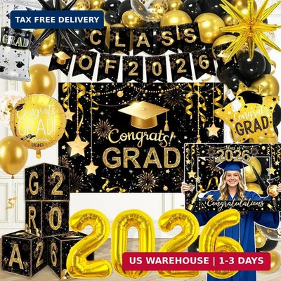 2026 Graduation Decorations Class of 2026 Black and Gold Congrats Grad Balloons,