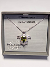 Sterling Silver Simulated Peridot CZ Turtle Pendant Necklace , 18" chain - New