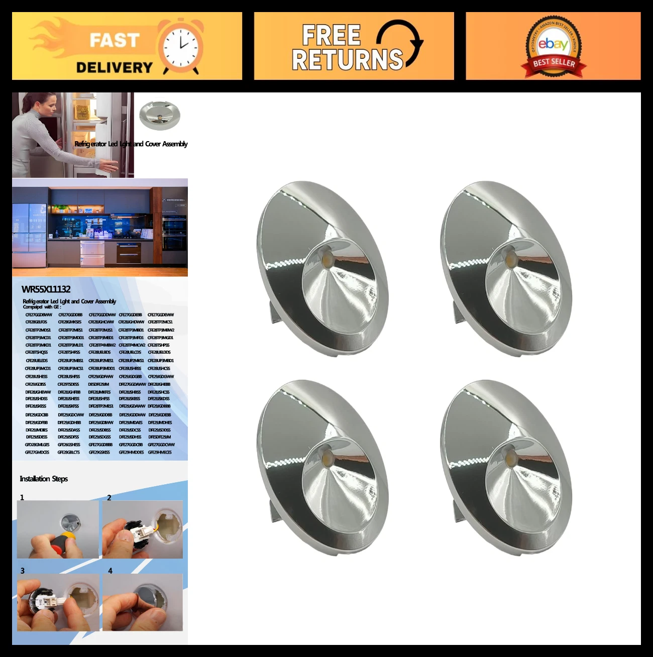 4-Pack LED Refrigerator Light Bulbs - Compatible with GE/Café/Profile - Replaces