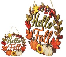 Hello Fall Door Sign for Front Door - Wooden Fall Wreath Sign Hanging Plaqu...