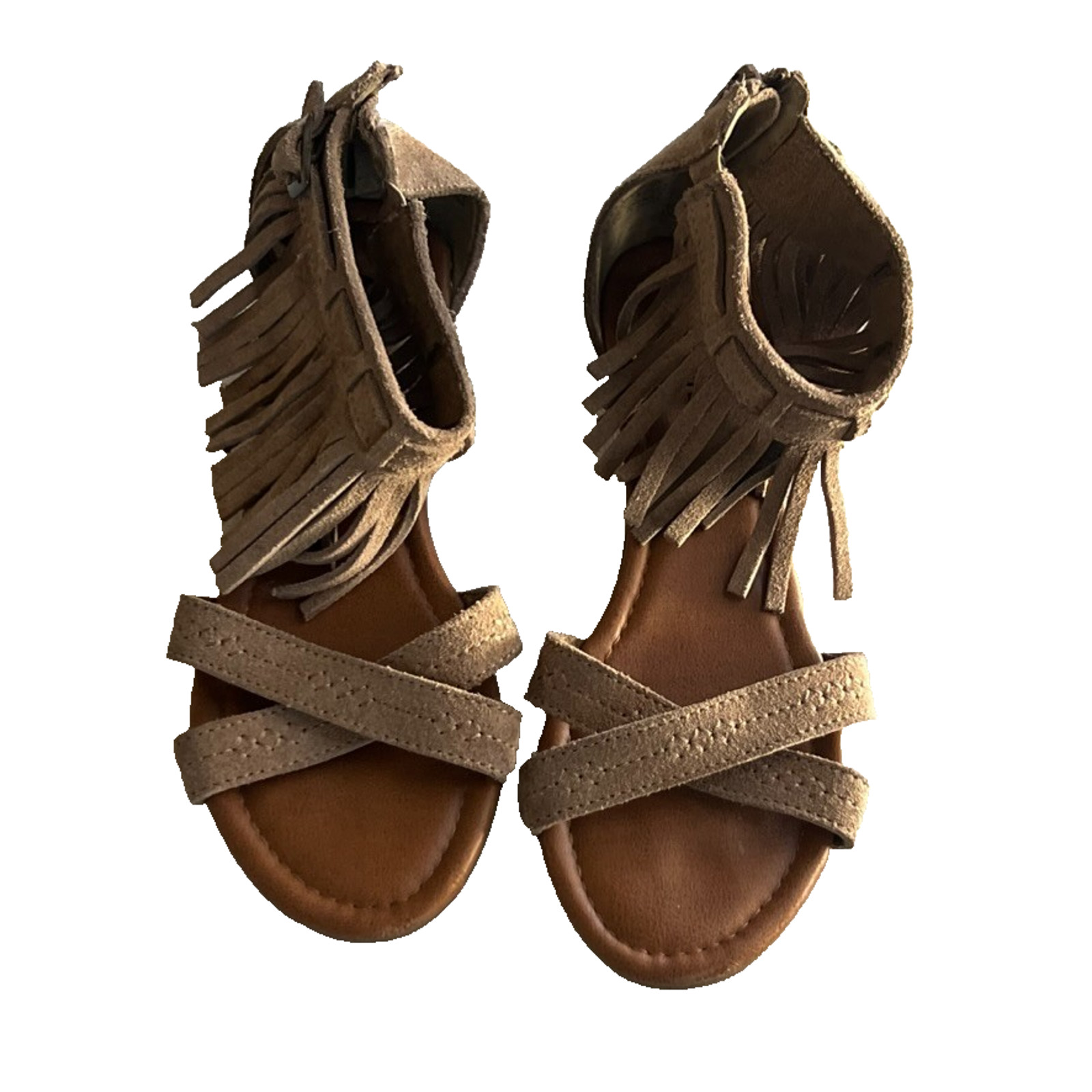 MinneTonka Wedges Women's Size 7 Fringe Sandals Beige Suede Strappy Back Flat-image