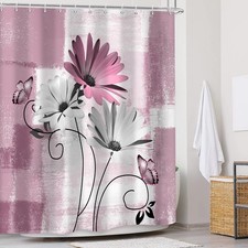Rustic Farmhouse Shower Curtain Pink Daisy Floral Flowers Butterfly Spring Oi...