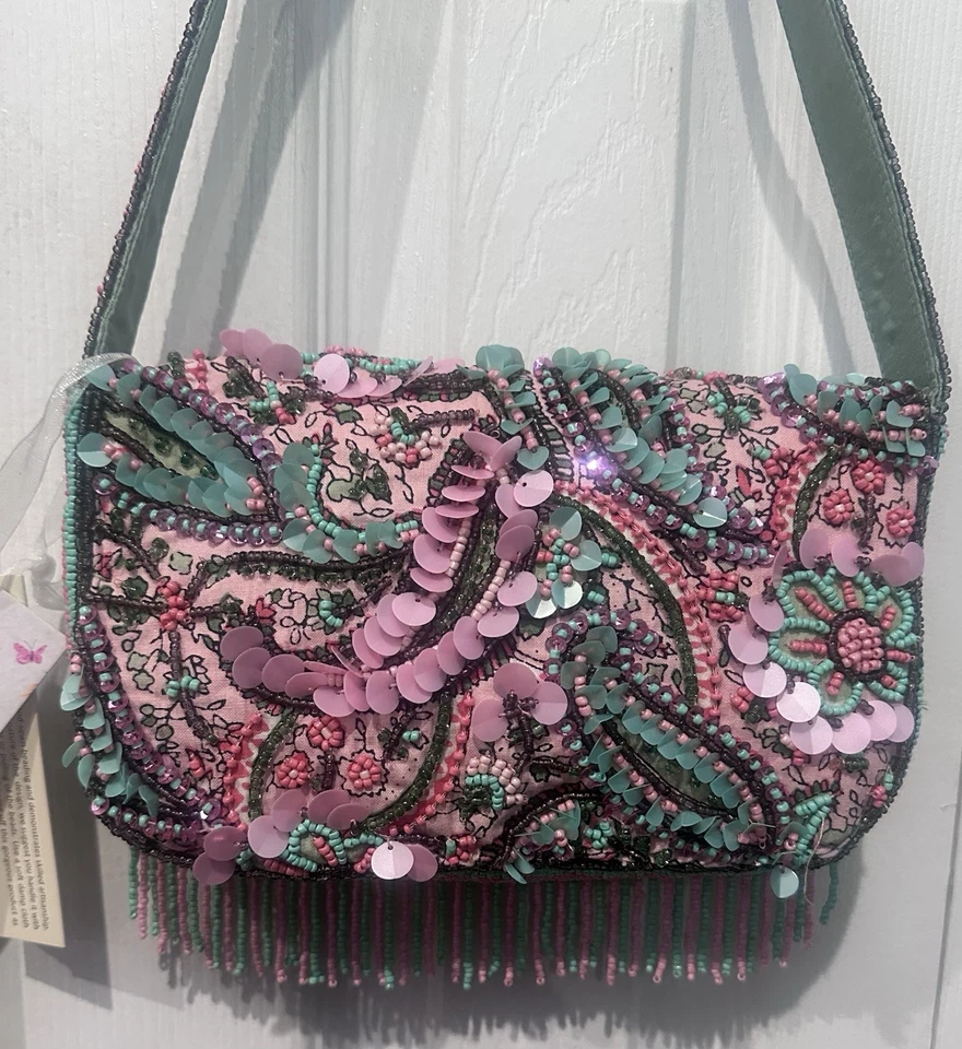Bolso Viral con Flecos Cuentas Hecho a Mano en India TikTok Nuevo con Etiquetas Rosa Verde Aqua Paisley Foto 2 de 4