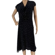 Talbots Women's Black Polka Dot 100% Silk Midi Dress Short Sleeve Size 8