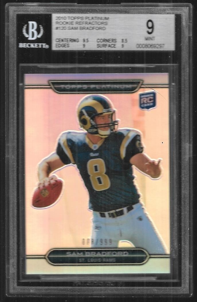 BGS 9 ~ 2010 TOPPS PLATINUM SAM BRADFORD ROOKIE CARD RC #120 ~ 008/999 JERSEY #