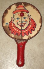 ANTIQUE J. CHEIN  CO. Clown Tin Noise Maker - Clapper Toy - USA Red Handle
