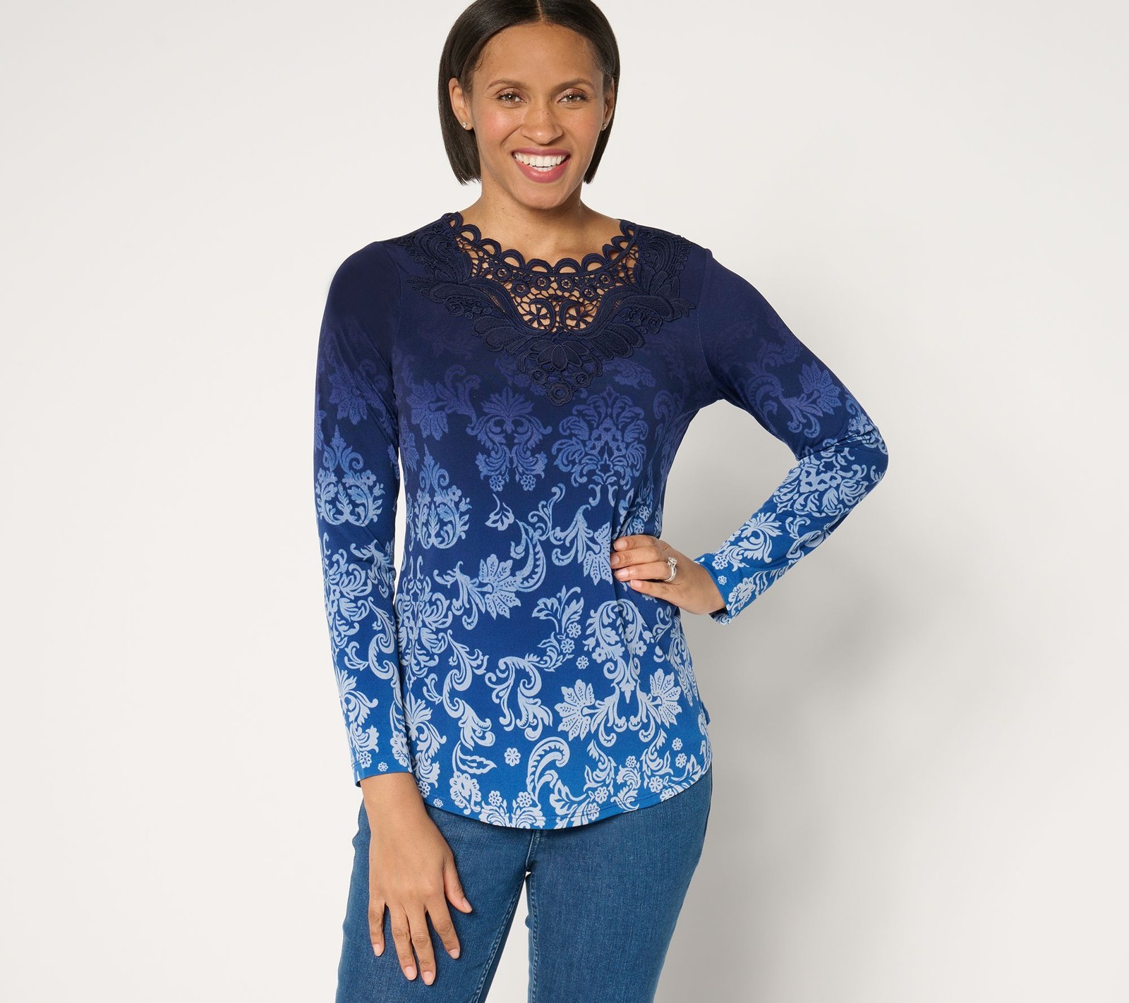 Susan Graver Women's Top Sz M Printed Liquid Knit Lace Applique Blue A680500