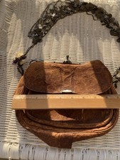 Early 1900s Brown Leather Purse with Metal Clasp Coin Strap With Jewels Rare HTF