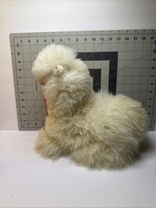 White Fluffy Alpaca Llama Stuffed Toy Animal Real Fur/Wool Souvenir Peru 9” Tall