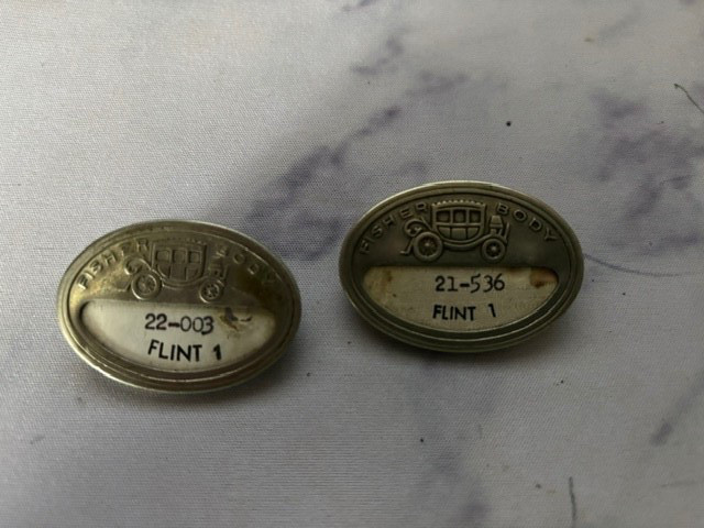 2-vintage FISHER BODY EMPLOYEE BADGE -FLINT 1 EMBOSSED ,SIGNED ON BACK