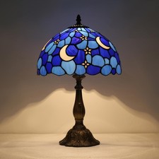 Vintage Tiffany Style Moon Blue Stained Glass Table Lamp Bedside Reading Light