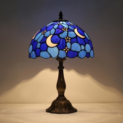Vintage Tiffany Style Moon Blue Stained Glass Table Lamp Bedside Reading Light