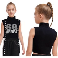 Girls Hip-hop Jazz Dance Vest Rivet Straps Crop Tank Top Mock Neck Dancewear
