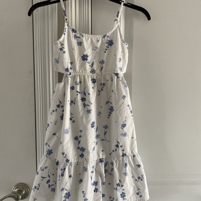 Abercrombie Kids Sundress Girls 9/10 White Blue Floral Cut Out Ruffle Sleeveless