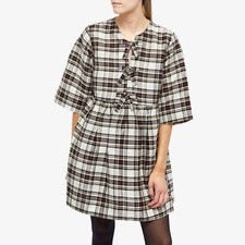 GANNI Silk Linen Check Ribbon Tie-Front Mini Dress Egret Sz 4 Cottagecore Chic