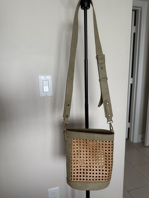 Boho Cane Woven Bucket Bag Crossbody   Adjustable Strap, Rattan Style Tote