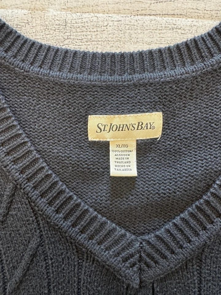 Chaleco Suéter St Johns Bay Para Hombres XL Negro Tejido con Cable Cuello en V Pullover Clásico Foto 2 de 4